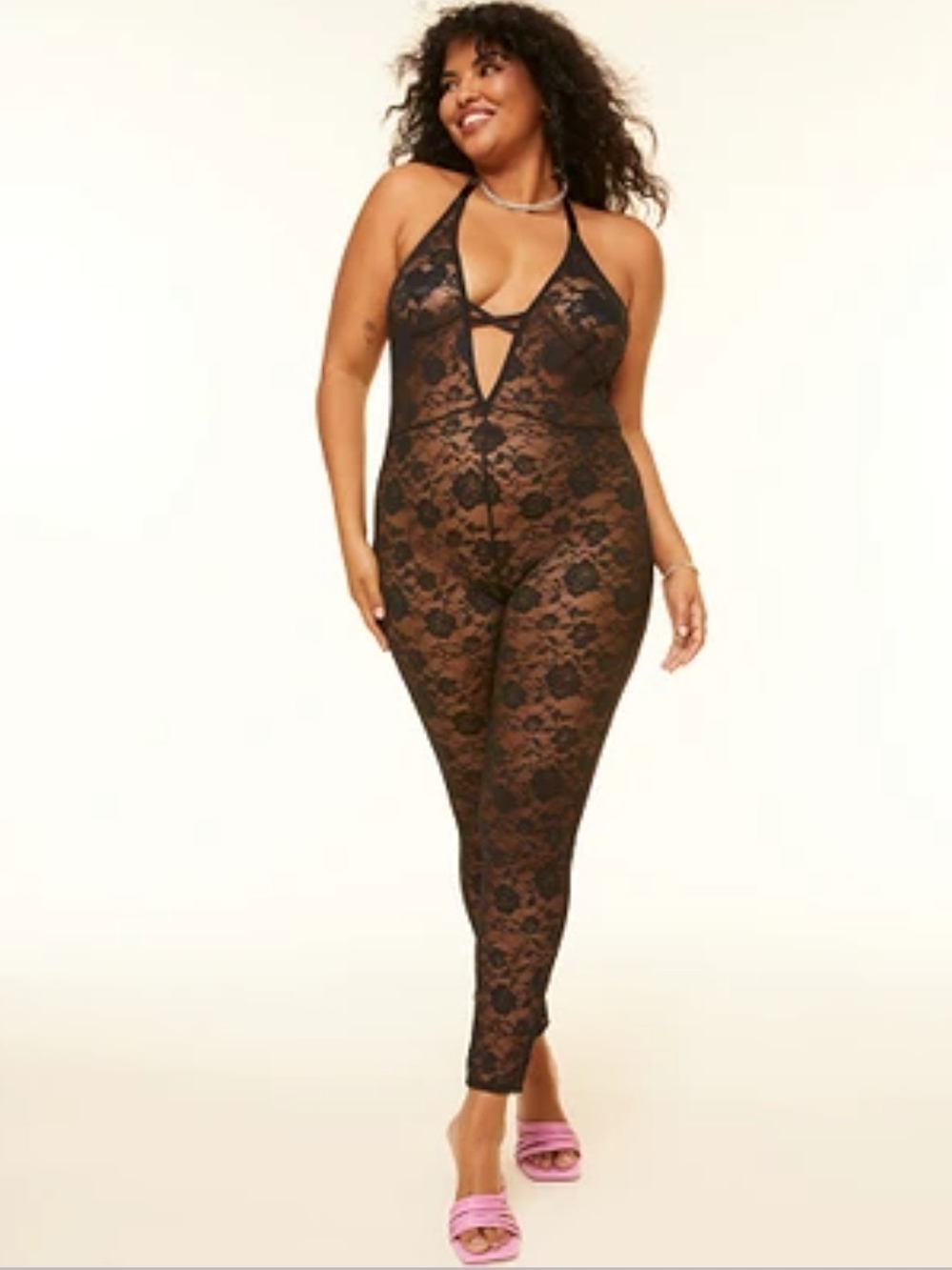 Adore Me Catrice Unlined Plus Size Lace Halter Jumpsuit Bodysuit - Black New 3X